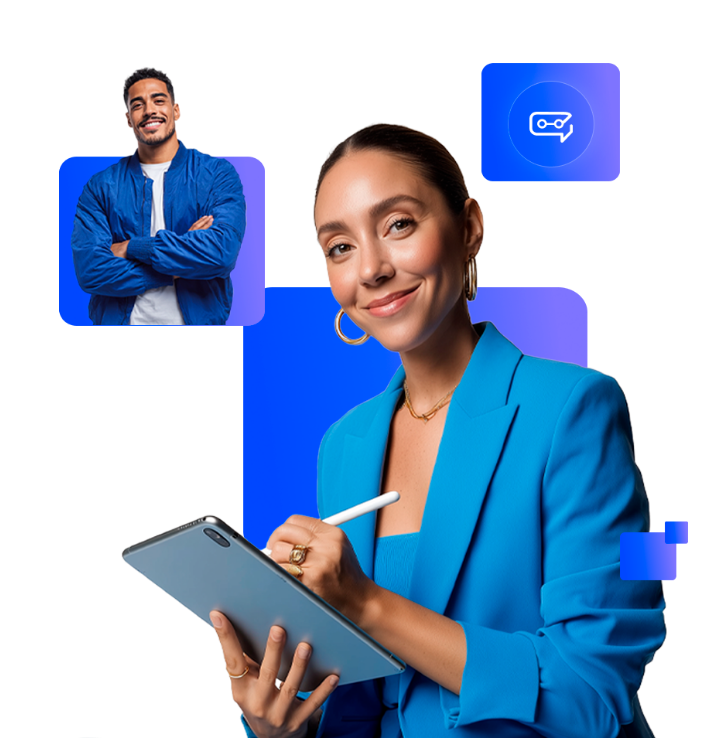 Mulher com tablet e homem sorridente ao fundo, ambos com vestes em tons de azul.